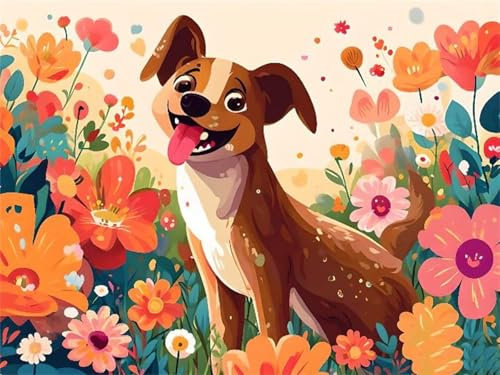 Malen Nach Zahlen Erwachsen, Handgemalt Ölgemälde Kit für Anfänger und Erwachsene mit 3-Pinseln und Acrylfarbe, Hund Blume Malen Nach Zahlen Kinder für Basteln Zuhause Mädchen Geschenk 120x90cm s-7590