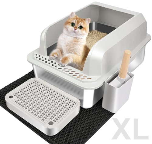Vivifying Katzentoilette XL Edelstahl - Leicht zu Reinigen, Geruchsresistent, Auslauf- und Verschüttungssicher - Mit Pedals, Schaufel und Matte (Grau)