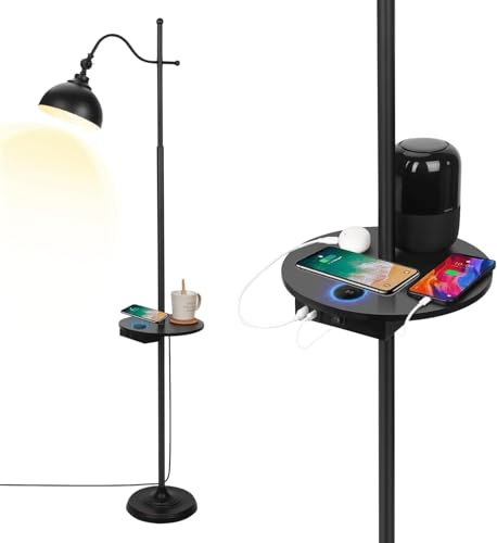 JCPYIUL Lámpara De Pie Moderna Con Cajón, Estante, Carga Inalámbrica y 2 Puertos USB - Interruptor Pulsador y Pantalla Para Salón, Dormitorio y Oficina
