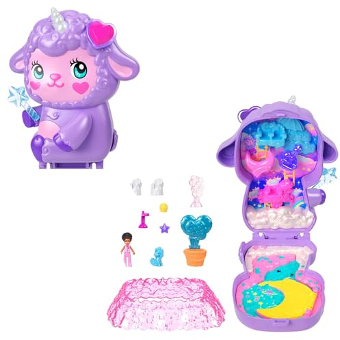 Polly Pocket - Cofanetto Sogni d'Oro, set portatile a forma di agnellino con una microbambola e un unicorno, nove accessori per lo styling inclusi, giocattolo per bambini, 4+ anni, JCB15