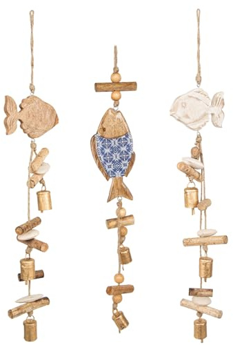 Logbuch-Verlag Meer Deko Set 3 Holz Anhänger Fische braun blau Fischernetz Badezimmer Dekoration 55-70 cm