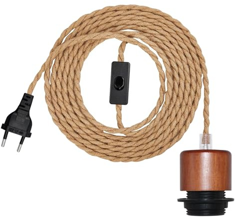 500CM Lámpara de Cuerda de Cáñamo con Enchufe y Interruptor, E26 E27 Portalámparas Lámpara de Suspensión, Lámpara de Techo de Madera RúStica, DIY Retro Kit de cable Lámpara Colgante (Sin Bombilla)