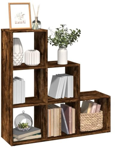 Gecheer Bücherregal, Raumteiler mit 3 Etagen, 99x29x99 cm Räuchereiche Holzwerkstoff, Standregal Treppenregal für Wohnzimmer, Schlafzimmer, Büro