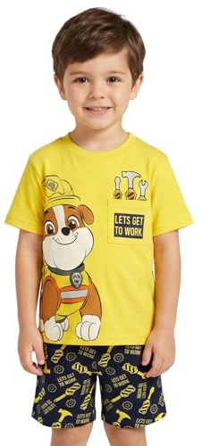 Paw Patrol Pigiama corto da bambino, con motivo Rubble e maglietta e pantaloncini, 100% cotone, età da 18 mesi a 6 anni, Giallo, 3-4 Years