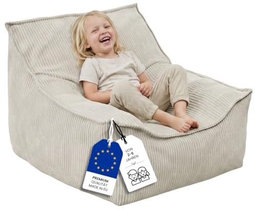 Bellabino Cleo Kindersitzsack – Sitzsack für Kinder aus Cord mit Füllung – Kindersessel Beige 50x75x60 cm (HxTxB)
