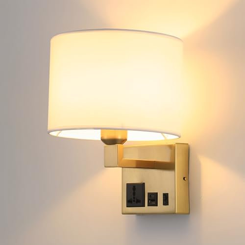 Pilanp Applique Murale Filaire en Tissu avec Port de Charge et Prise USB, Lampe de Chevet, Applique Murale d'intérieur avec Interrupteur pour Chambre, Bureau, Salon