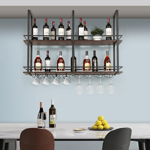 [en.casa] Botellero Vino Hubro Estantería de Techo de 2 Niveles para Vino Licores Soporte Colgante para Copas Tazas para Cocina Cafeterías Metal/MDF 120 x 30 x 85 cm Negro y Efecto Nogal