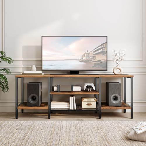HOOBRO TV-Schrank, Fernsehtisch, TV-Regal, TV-Lowboard mit 3 Ebenen Offenen Fächern, Multifunktionaler Fernsehschrank, für Fernseher bis zu 65 Zoll,für Wohnzimmer, Retro-Braun und Schwarz EBF58DS01