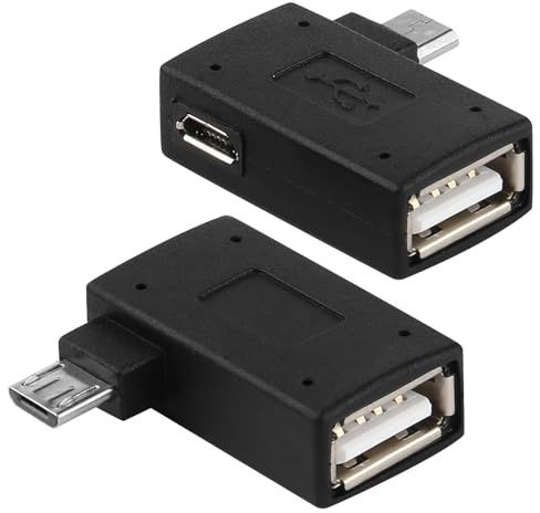 2Pcs Micro USB OTG Adapter, 90 Degree Angle Micro Male to USB 2.0 Female Power Port Left Right 2 in 1 Angled Connector Host Adapter Compatible with Fire Stick Rii Nintendo Smartphone