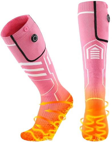 AGPTEK Heated Socks for Women, 5V 6000mAh Rechargeable Electric Heat Socks, Winter Foot Warmer Socks with 3 Heating Levels for Outdoor, Ski, Snowboard, Hiking, Camping, Fishing, Motorcycle, Pink