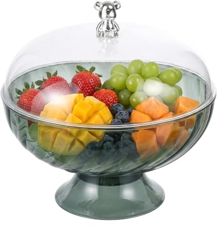 Punorric Fruit Bowl with Lid, Clear Fruit Basket with Removable Drain Tray for Kitchen, Large Capacity Round Decorative Bowl for Party Wedding Displaying Vegetable Dessert(Green Base)