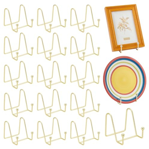 INTERWARM Set di 16 supporti per pannelli dorati, supporto per cornici in ferro, supporto decorativo per foto, piatti, targhe, cucina, ufficio, stanza, tavolo, 9,5 x 8 x 7,8 cm