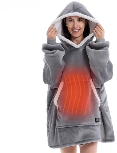 CAIYZH USB Heated Wearable Blanket Electric Hooded Blanket With 3 Heating Levels, Fleece Wearable Fluffy Hooded Blanket Warm Throw Blanket Sweatshirt Robe For Adults(Gray,Built-in Button)