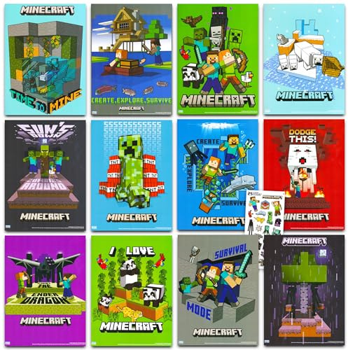 Minecraft Posters for Boys & Girls Rooms - 12 Wall Decor Posters & Stickers | Officially Licensed, Multicolor, Modern, Paper, Indoor, Rectangular, 8 x 11, Steve, Wall, Wood, Plastic