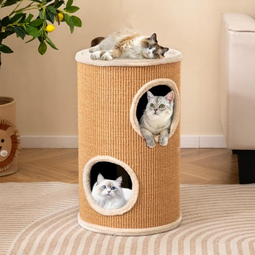 COSTWAY Kratztonne, Ø 36 cm, 59,5 cm hoch, Katzentonne mit Sisal-Kratzbrett, 3 Katzenhöhlen, Plüschbett & Plüschrand, 4-stöckiger Kratzbaum, für kleine und mittelgroße Katzen bis 15 kg (Beige)