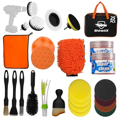 ShinetiX 25 PCS Car Cleaning Kit Car Detailing Kit with Drill Brushes, Interior Detailing Brushes, Car Cleaning Gel, Wash Mitt & Towel, Complete Car Wash Kit for Interior & Exterior