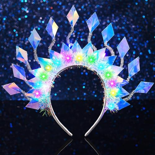 Handcess Diadema de festival brillante, LED para carnaval, cubierta de cabeza, parpadeante, rave, fiesta, adorno para el cabello para mujeres