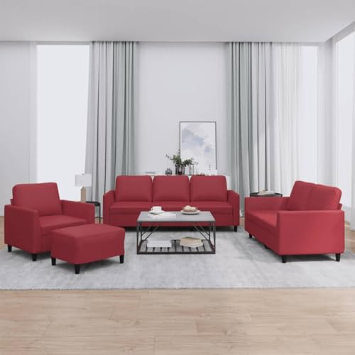 QUAHEAS 4-TLG. Sofagarnitur mit Kissen, Weinrot Kunstleder Sofa Set für Wohnzimmer, Robuste Polstergarnitur, Bequemes Loungesofa, Inklusive Sessel und Hocker