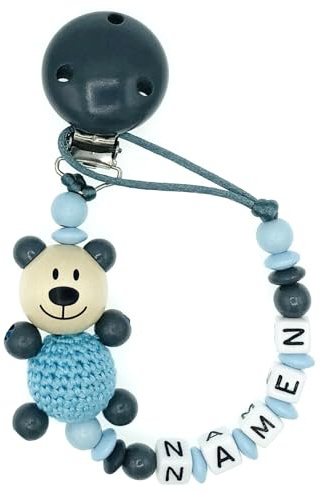 Nuckelkette mit Namen  3D - BÄR/TEDDYBÄR/BÄR MIT HÄKELKÖRPER  in verschiedenen Farben und Motiven/Baby/Unisex/Personalisiert/HANDMADE (Grau Babyblau)