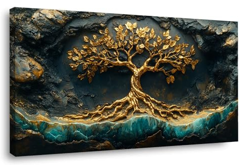 TERUEA Stampe da Parete Camera da Letto Cucina 1 pezzo Albero della Vita in Oro Rilievo Roccia arte della parete, stampe, soggiorno moderno, decorazione murale,(Oro)-50x100cm Incorniciato