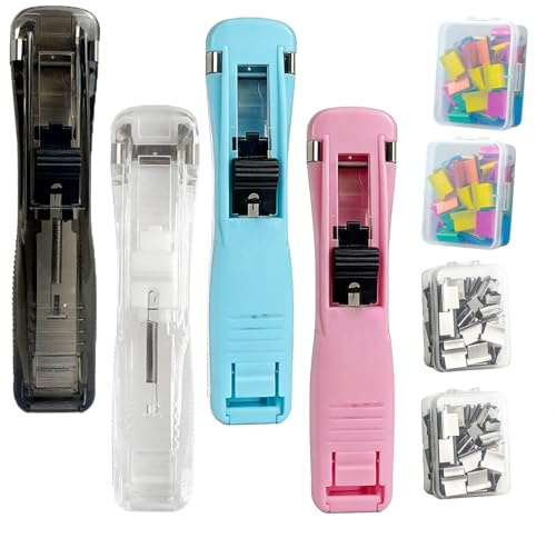 4 Pcs Portable Binder Clip Stapler, Includes 200 Reusable Clips, Reusable Desktop Stapler with Clip Dispenser for Office Home, Handheld Paper Staplers Fastener for Desk Document (Mixed-A)
