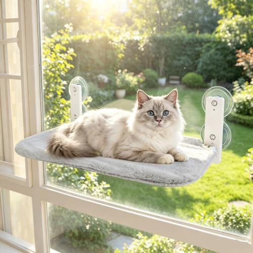 Foldable Cat Window Perch Hammock with Strong Suction Cups, Grey Plush Cat Bed for Windowsill, Supports 12.5kg, Comfortable Sunbathing Seat for Indoor Cats, 30x52cm