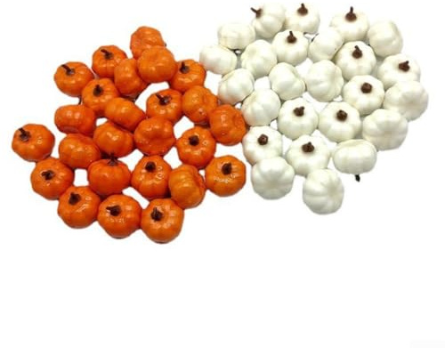 for mini Artificial Halloween Pumpkin Decor Set – Realistic Foam Vegetables for Farmhouse Autumn Harvest Festival Decoration, Tabletop Halloween Display and DIY(48pcs White and Yellow)