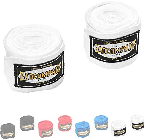 Bad Company Box-Bandagen I Elastische Handgelenksbandagen mit breitem Klettverschluss, Daumenschlaufe und einer Wickelanleitung für das Boxtraining in verschiedenen Farben Schwarz / Weiß / Rot / Blau und Längen 2,5 m / 3 m / 3,5 m / 4,5m / 5 m
