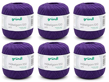 Gründl Wolle Häkelngarn 100 6 Knäuel 100 g, lila | dünne sommerliche Wolle zum Häkeln - Glänzend und waschbar - Baumwollgarn - 100 % Baumwolle - 100 g / 566 m - Nadelstärke 1,5