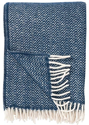 KLIPPAN Wolldecke 'Chevron' mit Zickzackstreifen aus Bio Lambswool, 130x200cm, Sofadecke, Kuscheldecke (currygelb) (Dark Denim)