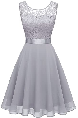 Berylove Damen Spitzenkleid Brautjungfer Elegant Party Knielang Cocktailkleid Chiffon Ärmellos BLP7005B-GreyS