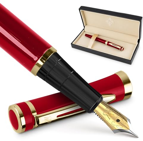 Wordsworth & Black Füllfederhalter-Set, mittlere 18-Karat-Goldfeder, inklusive 24 Tintenpatronen, Kolbenkonverter und Geschenkbox, goldfarben, Kalligraphie, Karminrot