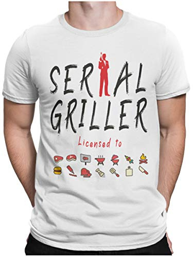 STAMPATEK Maglietta Serial Griller T-Shirt Barbecue Grigliata Idea Regalo Maglia Uomo Divertente Manica Corta con Scritte - Bianca L