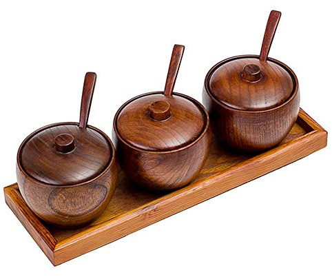 Boîte D'assaisonnement pour Pot à Epices en Bois Naturel Sucrier Plateau de Service Salière Poivrière Style Japonais avec Cuillère et Couvercle Outil de Cuisine