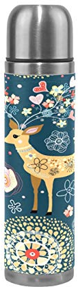 Linomo Thermosflasche Blumen Tier Sika Hirsch Edelstahl Wasserflasche,Isoliert Auslaufsicher, Doppelwandig Vakuumflasche für Sport Reise Camping Büro 500 ml