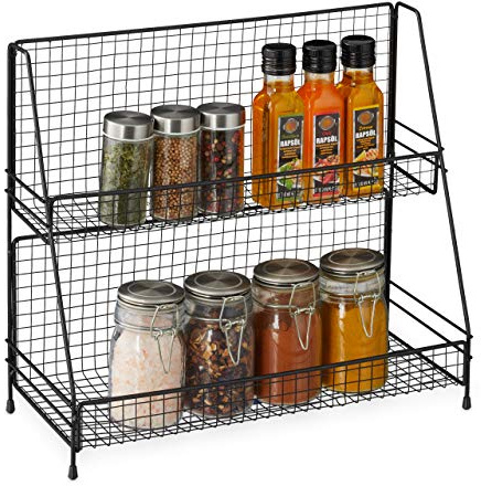 Relaxdays Portaspezie Salvaspazio da Cucina, 2 Mensole, Scaffale per Spezie Autoportante, Organizer in Metallo, Nero