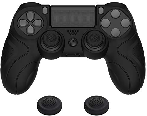 PlayVital Funda de Silicona para ps4/Slim/Pro Mando - Cubierta Protectora Suave y Antideslizante, Carcasa con 2 Tapas de Joystick, Diseño Ergonómico - Edición Guardian (Negro)