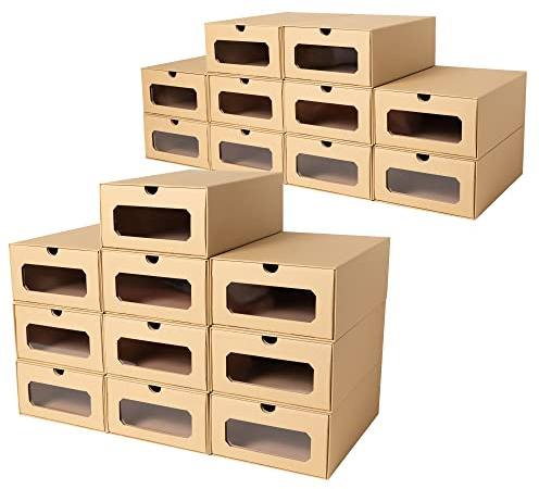 20 x PresentFill® Aufbewahrungsbox - Natur - Made in Germany - Schuhbox Schuhkiste Schuhschachtel Schuhkarton Ordnungsboxen durchsichtig transparent Sichfenster stapelbar aus Pappe