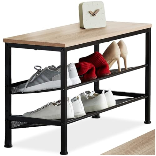 tectake® Schuhregal schmal mit Sitzfläche, Schuhbank 3 Ebenen, 2 Gitterablagen, Schuhregal platzsparend 75,5 x 30,5 x 45,5 cm, Flur Regal, Schuhschrank, Garderobe (Industrial Holz hell, Eiche Sonoma)