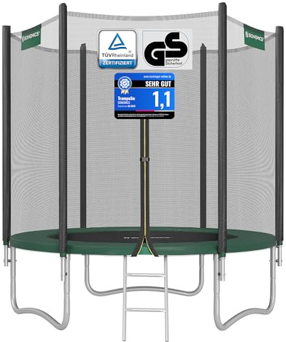 SONGMICS Trampolín Exterior Niño Diámetro 183 cm, Red de Protección Externa, Cojines de Seguridad, Escalera, Poste Recto de 180 cm de Alto, Marco de Acero, Negro y Verde STR061C01