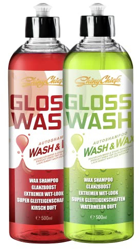 ShinyChiefs GLOSSWASH Set - WASH & WAX - Mildes Autoshampoo mit Glanzverstärker für den Just-Waxed-Look nach der Autowäsche - Schonende Autoreinigung 2in1 mit sichtbarem Lackschutz,2x 500ml