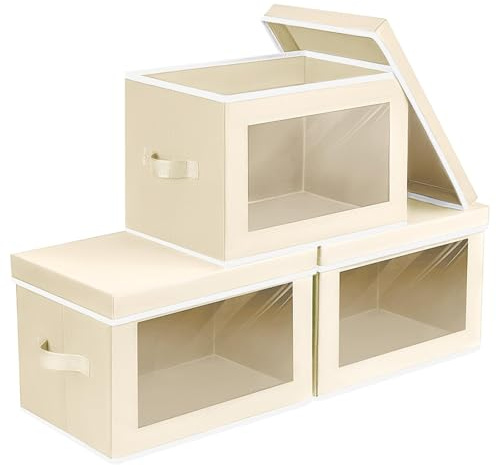 DIMJ 3 Pack Foldable Storage Boxes with Lids, Fabric Storage Bins with Transparent Window Storage Basket with Handle, Wardrobe Organiser Box for Clothes, Toys, Books, Closet, Office