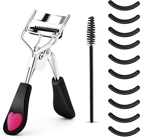 WLLHYF Kit piegaciglia professionale in metallo strumento trucco pettine 10 cuscinetti ricambio per donne e ragazze ottenere ciglia curve drammatiche (nero)