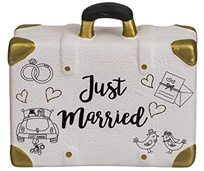 Spardose Just Married als Gepäckstück aus Keramik – Koffer, 15 x 13 x 5 cm | Hochzeitsgeschenk – Mitnehmen in die Flitterwochen – Sammelbox für Geld zur Vermählung – weiß, gold, schwarz – Seaside No.64
