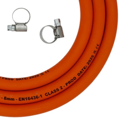 3m of LPG Gas Hose Pipe with 2 Hose Clamps - 8mm 5/16 High-Pressure Propane/Butane Pipe - 2025 Dated EN16436 Flame Retardant LPG Hosepipe for BBQ, Caravan, Heater, Camping, Stove, Gas Bottles, Cooker