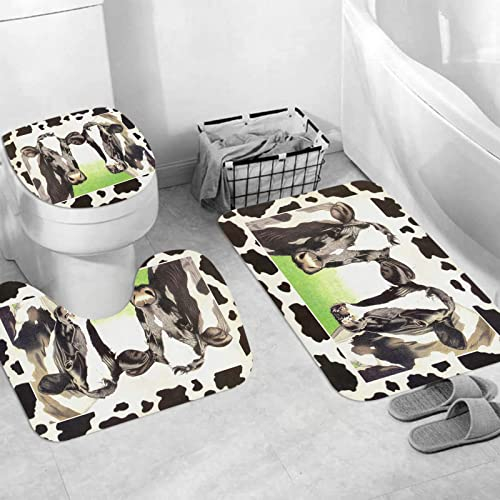 JIFOME Juego de 3 Alfombrillas de baño de Microfibra,Ganado lechero Vaca lechera Verde Pastizal Blanco Negro, Antideslizante Alfombra de baño, Lavable a máquina para bañera en Forma de U