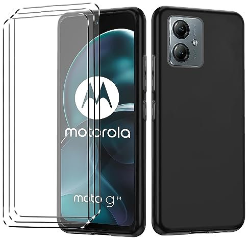 HuiYouMY Funda y Cristal Templado 3Pcs Protectora Capa Compatible with Motorola Moto G14 Antigolpes Fundas Carcasa Compatible with Motorola Moto G14 Silicona Funda de Móvil Black