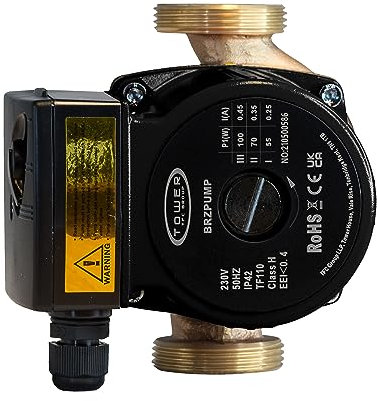 Tower TFC Group BRZPUMP Bronze Body Secondary Hot Water Circulating Pump - 6m Max Head - IP42 Protection - 230V and 50 Hz - Three-Speed Centrifugal Pump