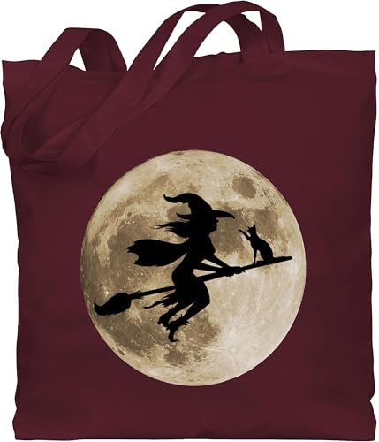 Shirtracer Baumwolltasche - Taschen - Hexe Halloween Hexen auf Besen Vollmond Katze Witch Mond - Unisize - Bordeauxrot - tasche haloween outfits fliegende erwachsene sammeltasche halowen bild beutel