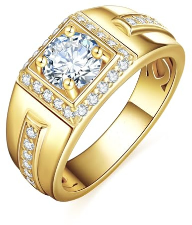 LOIPURI 1CT Moissanite Mens Wedding Band 14K Gold Plated Engagement Rings for Men with Pave Round Cut 0.51Ct Cubic Zirconia Inner Ring Hollow Out Silver Promise Ring for Him Size 11